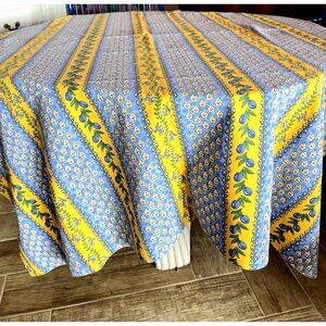 FRENCH COUNTRY Cotton Tablecloth Olives Floral 52"W X 66"L Blue Yellow France
